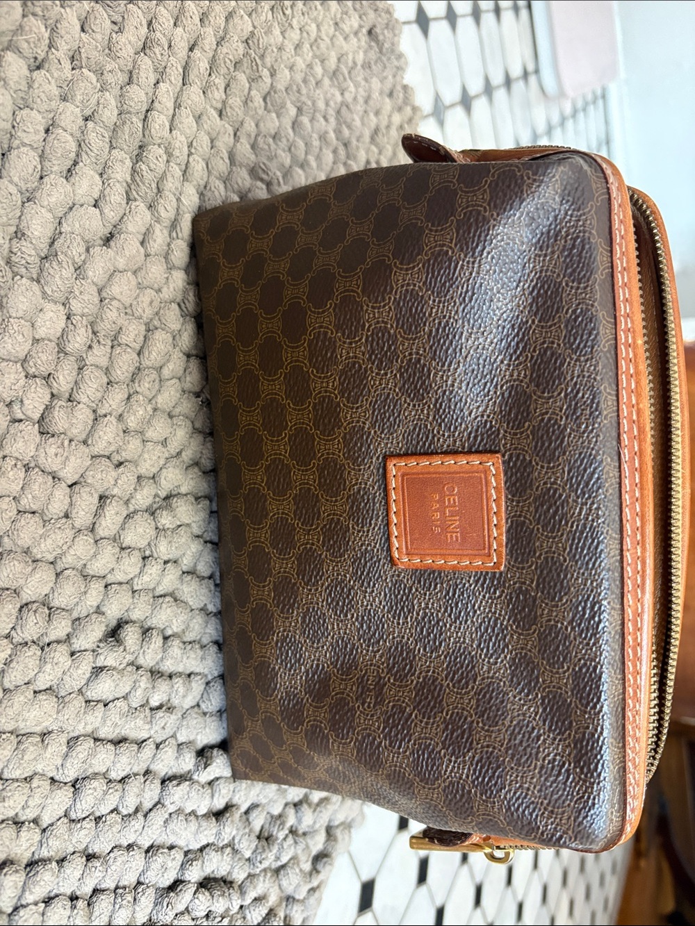 Celine Brown Monogram Toiletry Pouch with Tan Trim